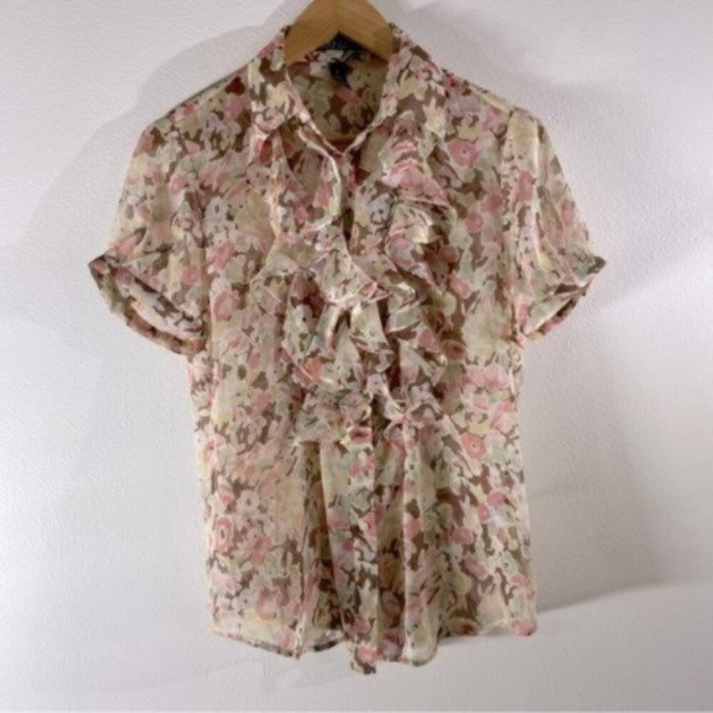 Lauren Ralph Lauren Women’s Preppy Ruffle Short Sleeve Sheer Blouse Size M